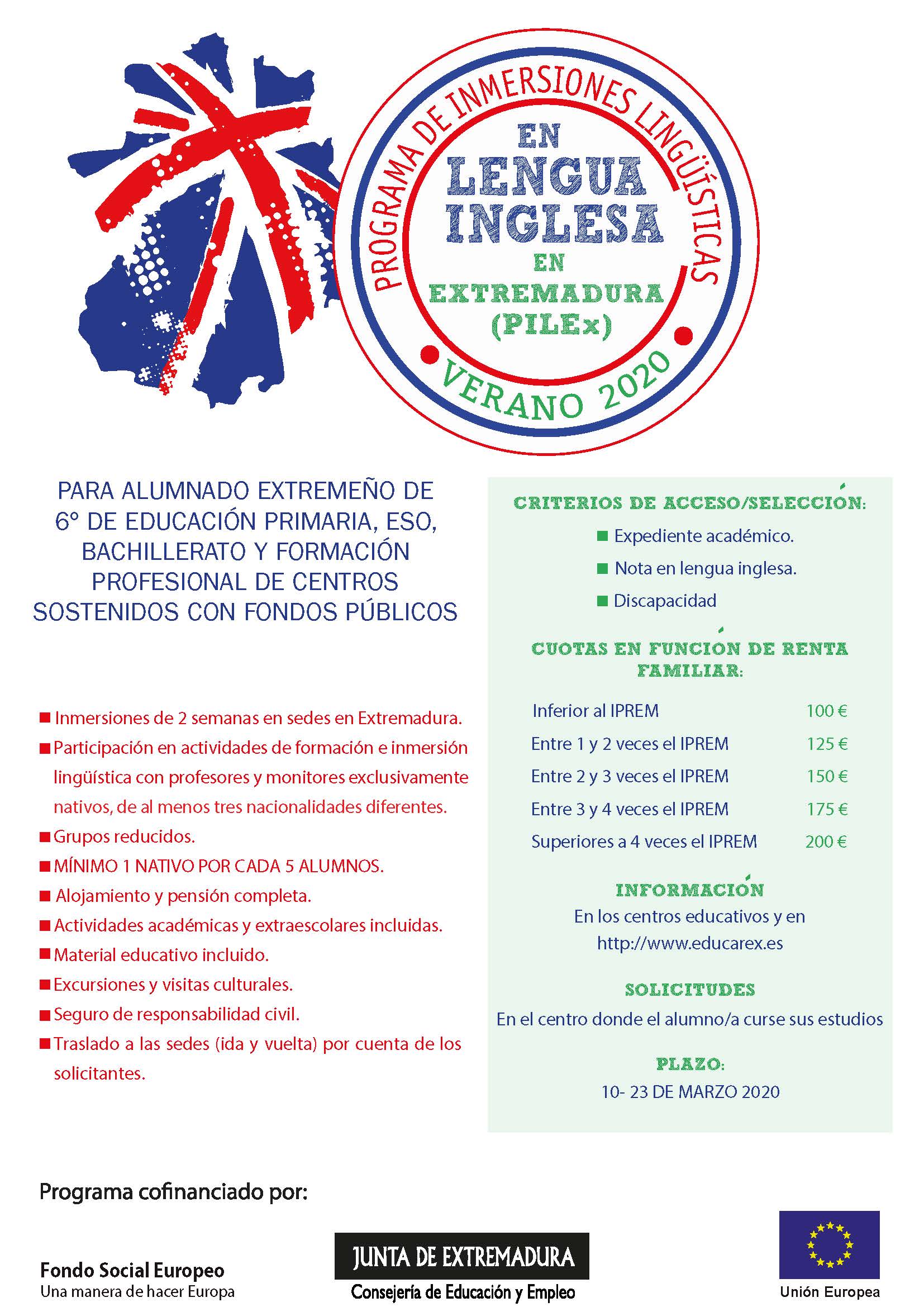 Cartel difusin Programa inmersiones linguisticas alumnado extremeo PILEx 2020